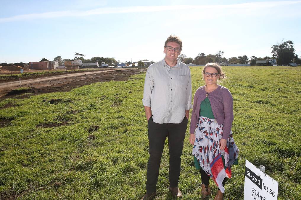 UP AND GOING:Property development managers for the Rodger Group Sam and Natalie Stevens at the Waterford Estate in King Street Koroit. Sales have began for Stage One of the development. Picture: Mark Witte 