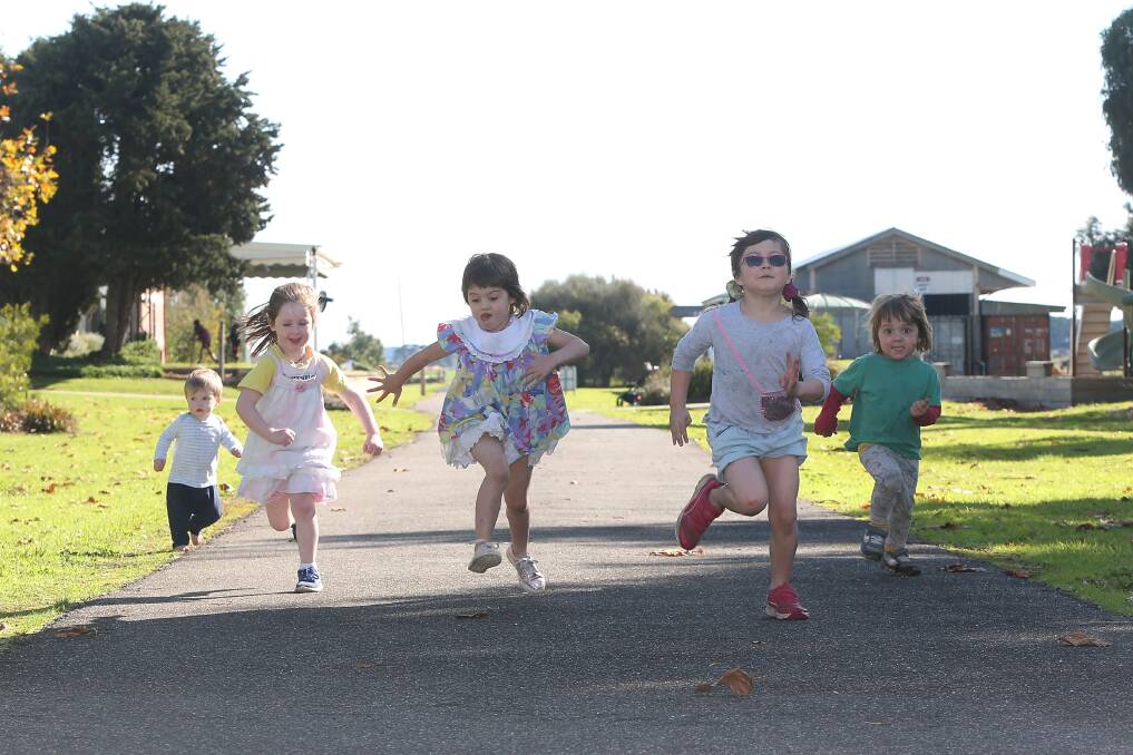 FULL SPEED: Children using the rail trail in Koroit, Louis Tolson 1, Elsie Tolson 5, Auden Gibson 5, Mirabelle Gibson 7 and Archie Gibson 3. Picture: Mark Witte