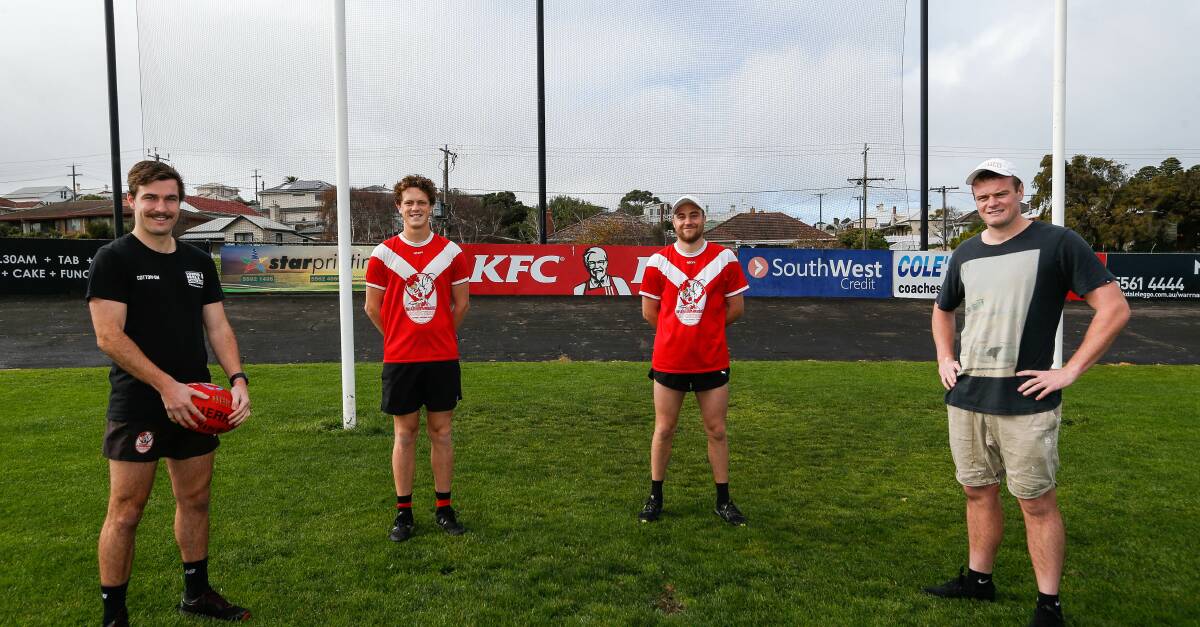 Happy to help: South Warrnambool footballers Tait Niddrie, Corey Gallichan, Brayden Beks and Tom Wilson completed the ISO232 challenge. Picture: Anthony Brady