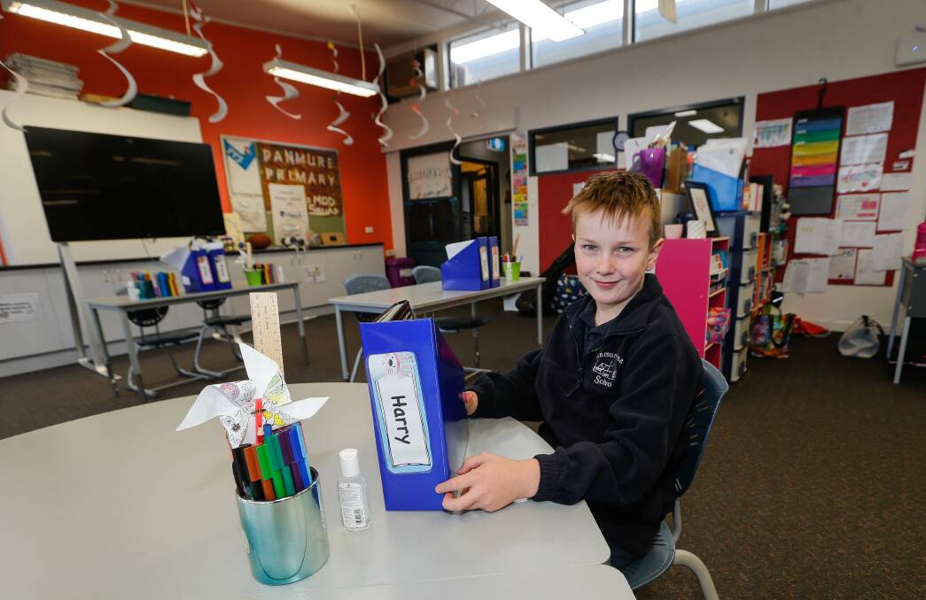 BACK TO SCHOOL: Panmure Primary School student Harry Wiffrie, 8, was pleased to be allowed to return to school on Tuesday. Picture: Anthony Brady