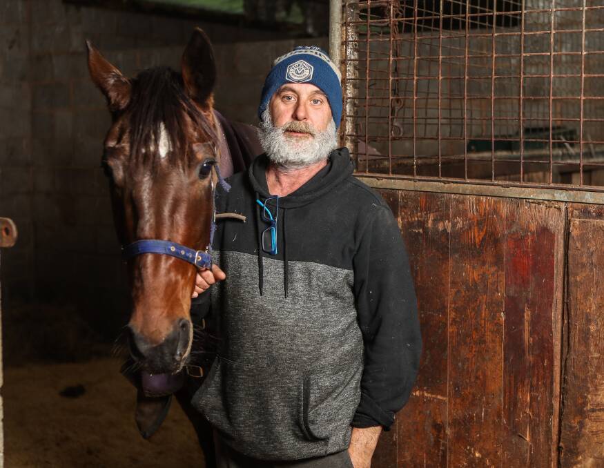 Team: Trainer Darren Cole alongside Allwatfunjingles. The bay gelding will take on the field in race two at Terang on Wednesday night. Picture: Morgan Hancock