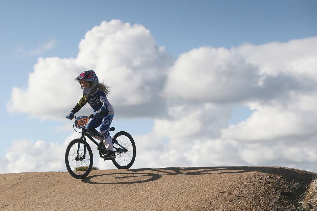 AIR TIME: Milla Rentsch goes over one of the mounds at the Warrnambool BMX track during a training run on Saturday. Picture: Mark Witte