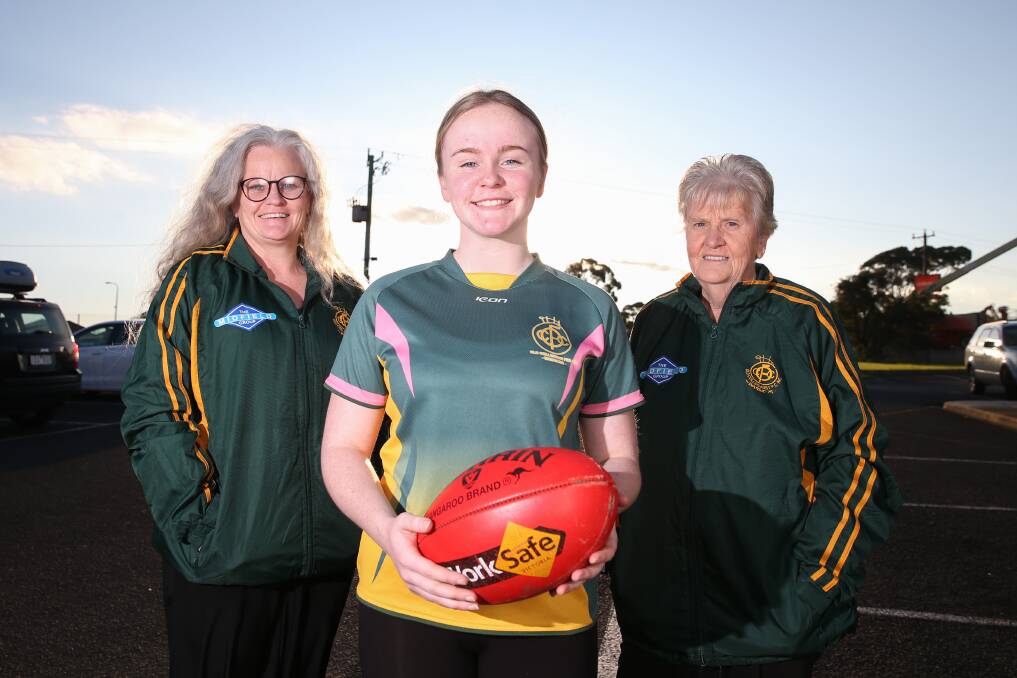FAMILY TIES: Old Collegians' Karen Lyn Ryan, Maggie Johnson, 17 and Fran Ryan are three generations involved with the club. Maggie plays for the under-18 football team. Picture: Mark Witte