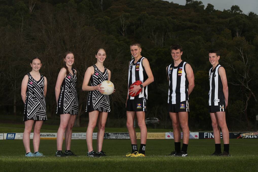 CLUB PRIDE: Camperdown Magpies' Ellie Rickard, 14, Mary Place, 15, Ruby Conheady, 15, Hamish Sinnott, 16, Zach Sinnott, 18 and Myles Sinnott, 13, are ready for the 2020 Hampden league competition. Picture: Mark Witte