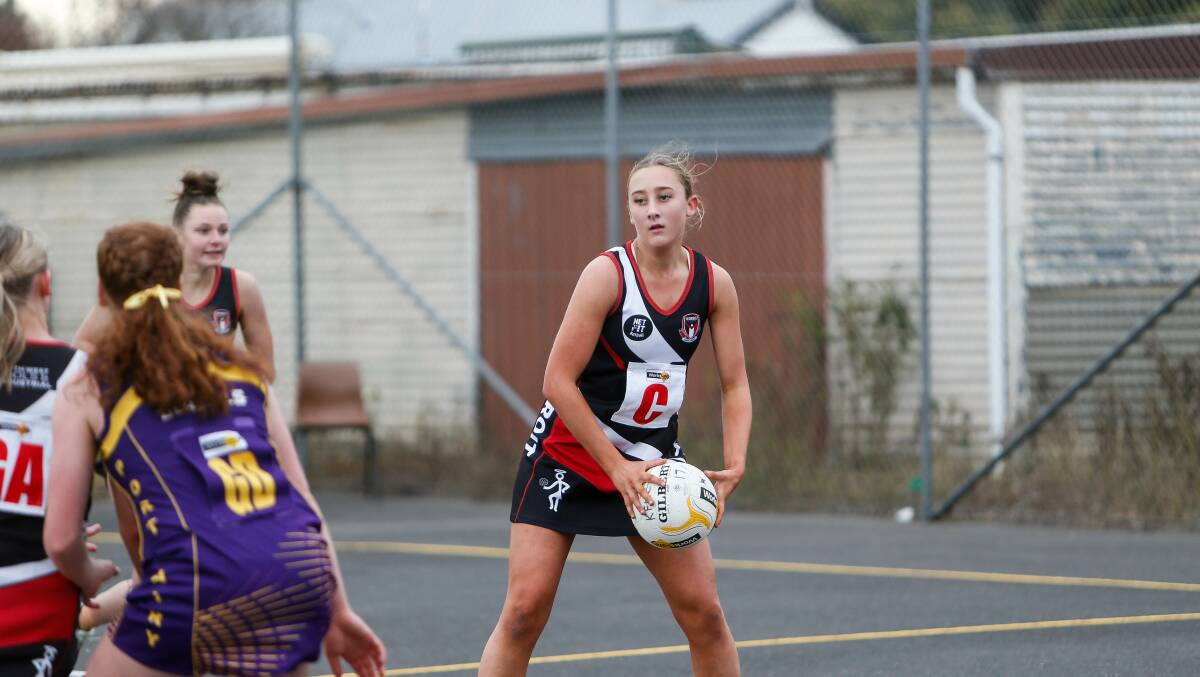 Looking for options: Koroit's Kayla Bartlett during the Koroit versus Port Fairy 17 and under netball game at Koroit. Picture: Anthony Brady