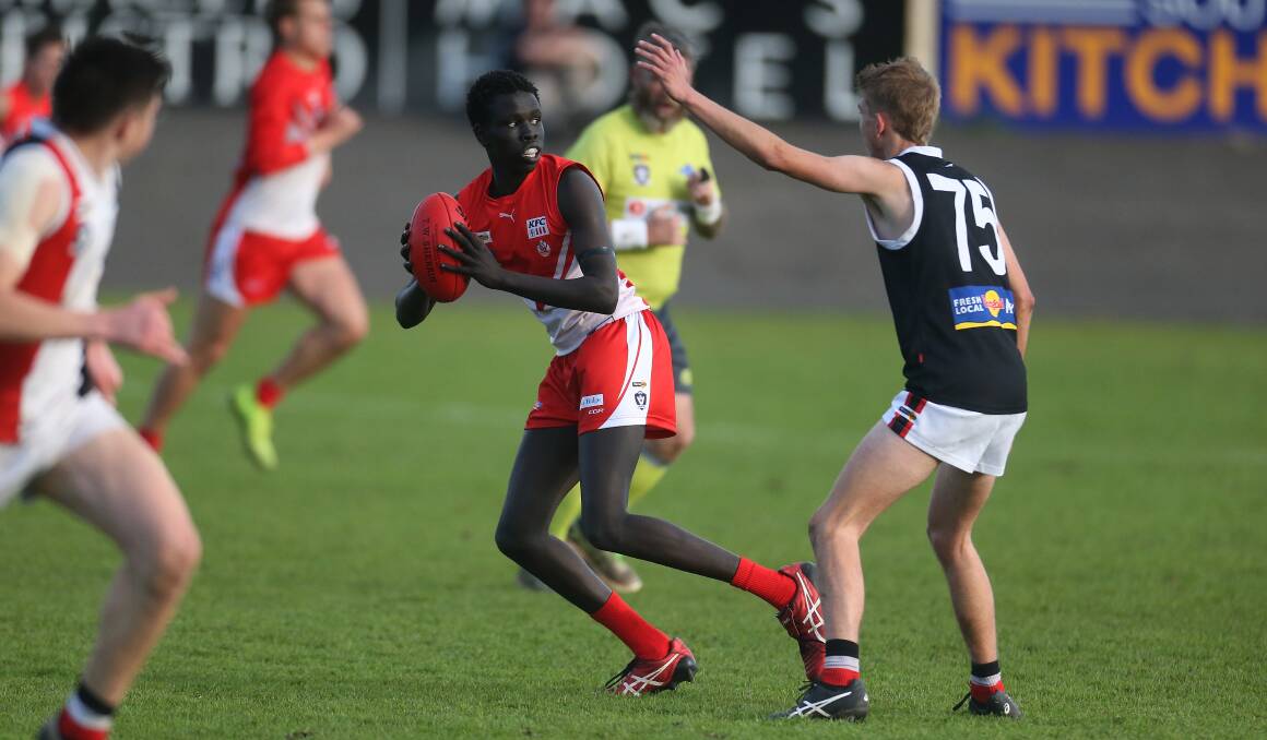 FIELD OF DREAMS: South Warrnambool's Mojwok Akoch looks towards goal during Saturday's Hampden league under 18.5 match against Koroit. The competition has since been cancelled. Picture: Mark Witte