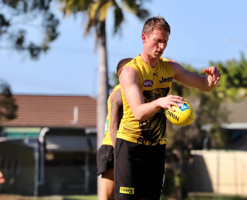 TOUGH TO COP: Dylan Grimes trains at the Richmond hub. The Tigers defender revealed he'd received sickening abuse from fans on Saturday. Picture: Molly Stapleton/Richmond FC