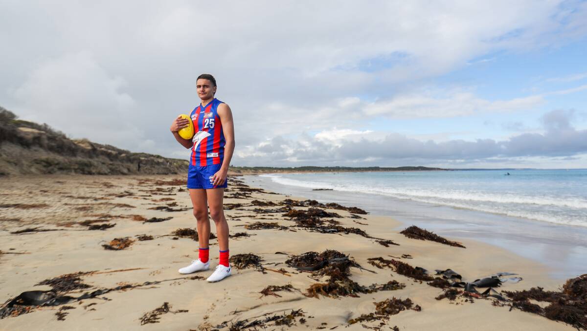 Western Bulldogs' Academy prospect and Framlingham local, Jamarra Ugle-Hagan, poses for a photo in his Oakleigh Chargers gear. Picture: Morgan Hancock