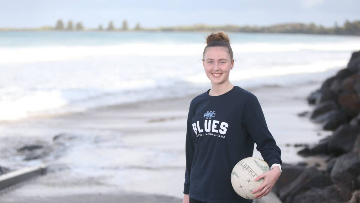 By the beach: Warrnambool Blues netballer Ava Pierce at East Beach, Port Fairy. Picture: Mark Witte