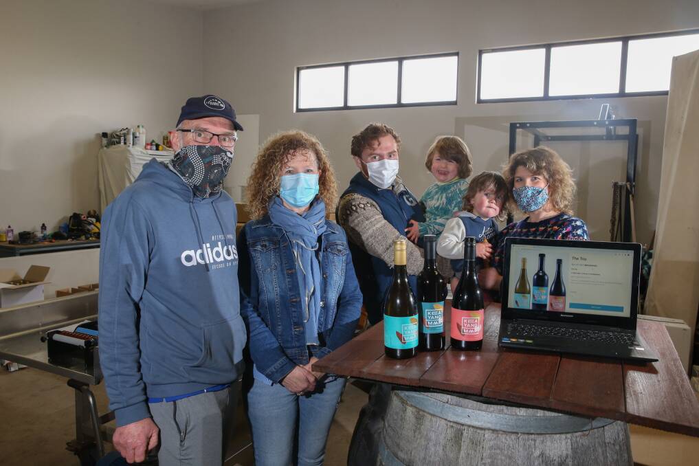 Keayang Maar vineyard owners Barry and Bernadette Wurlod , with their son Jerram and daughter-in-law Caitlin and children Archie, 3, and Wren, 2. Picture: Mark Witte