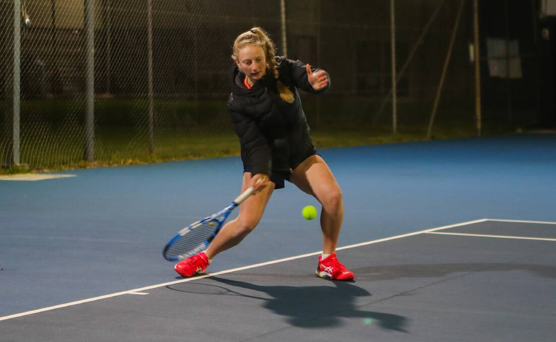In position: Eloise Swarbrick plays a forehand at Port Fairy Tennis Club. Picture: Morgan Hancock
