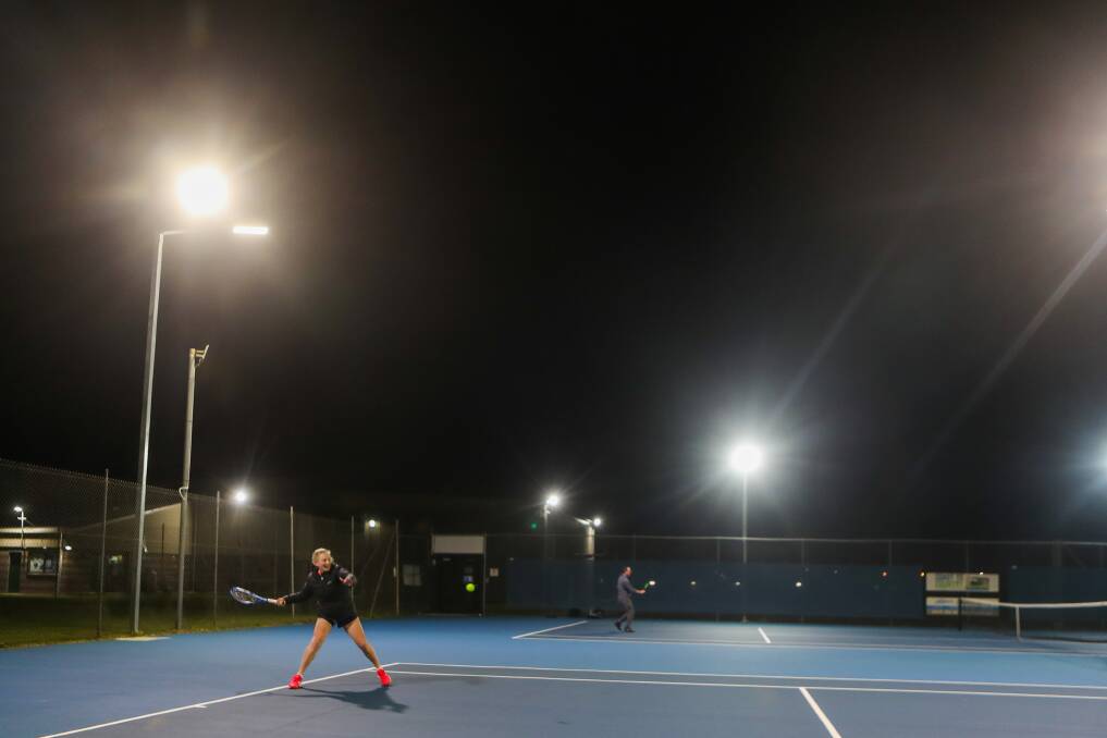 BRIGHT FUTURE: Talented Hawkesdale teenager Eloise Swarbrick, who hopes to attend a US college and play tennis, played under the Port Fairy Tennis Club's new lights on Thursday. Picture: Morgan Hancock