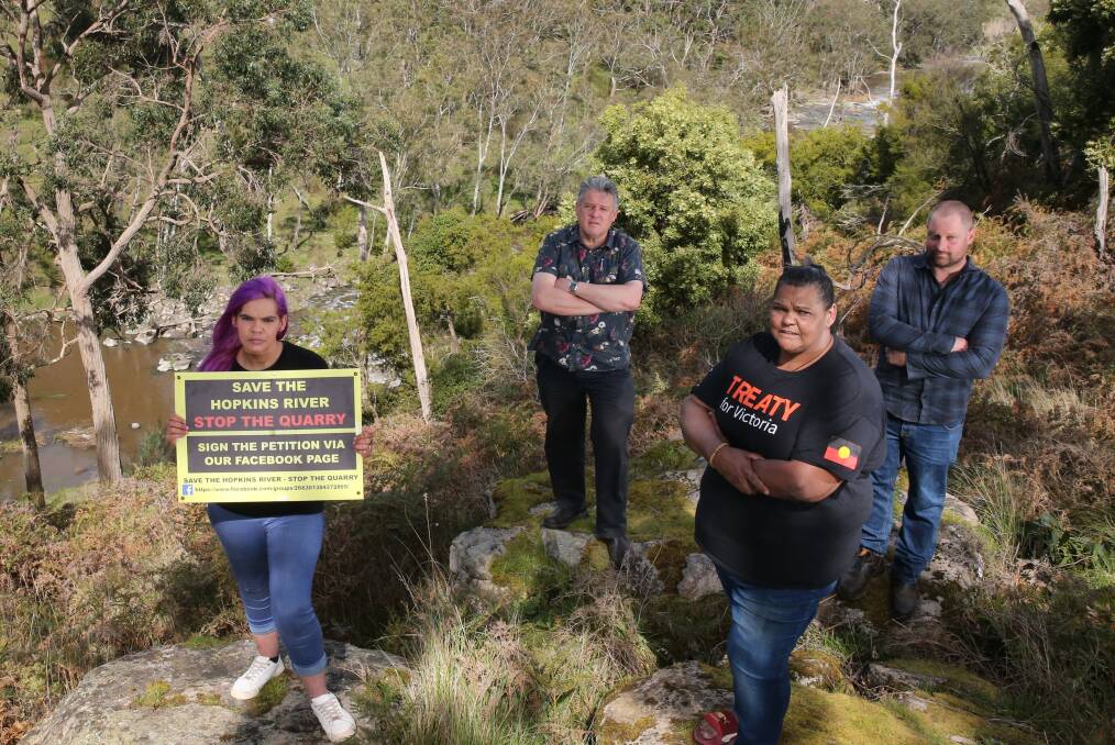 Jess Chatfield, Geoff Rollinson, Louise Wackett-Chatfield and Bo Fowler are opposed to a plan for a bluestone quarry in Panmure. Picture: Mark Witte
