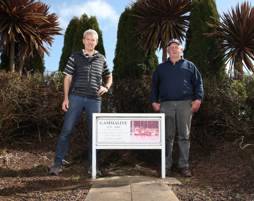 Appreciation: Chris O'Connor and Bruce Clarke by Terang Harness Racing Club's Gammalite memorial ahead of Saturday's metropolitan class meet. Picture: Mark Witte