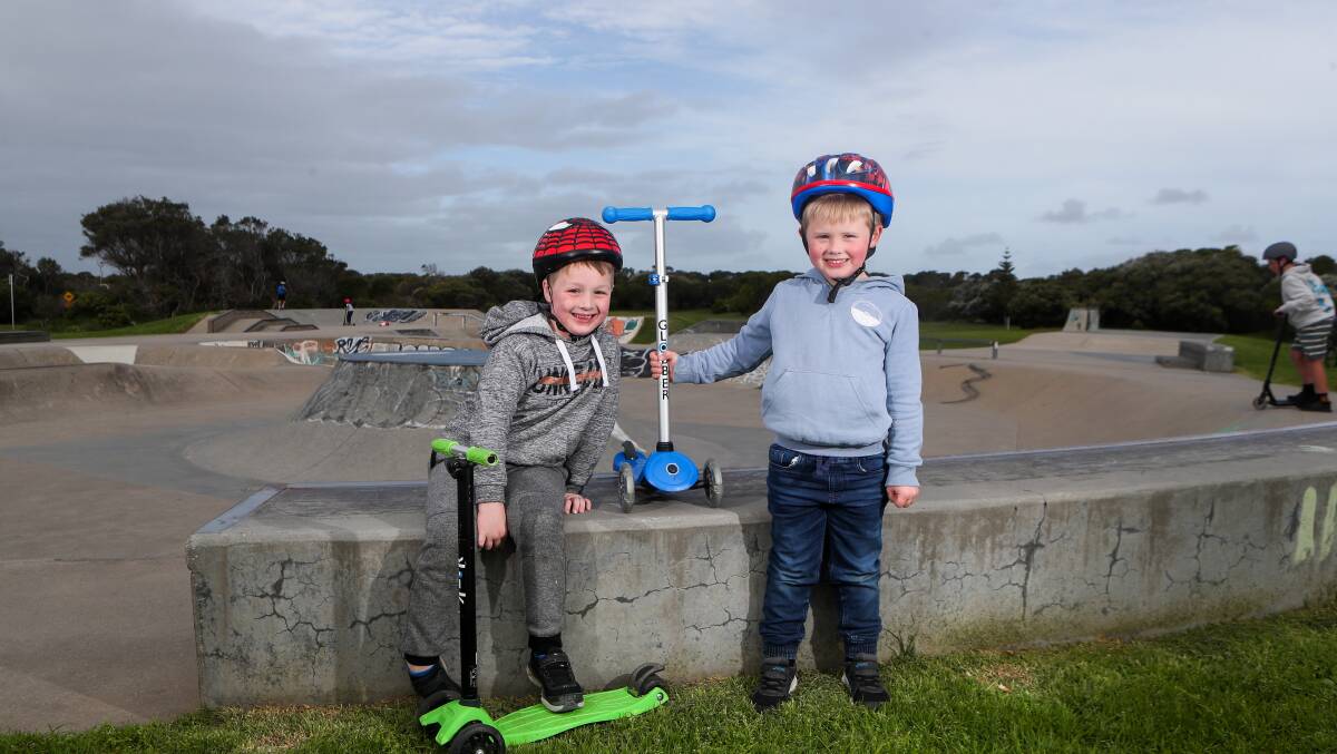 Cousins: Tyson Leonard, 5, and Taris Roussac, 4, are excited to be back at Warrnambool Skate Park. Picture: Morgan Hancock