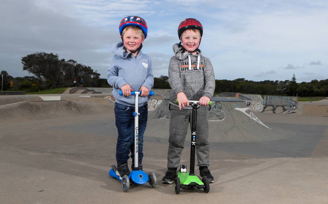 Back at bowl: Taris Roussac, 4, and Tyson Leonard, 5, are excited to be back at Warrnambool Skate Park. Picture: Morgan Hancock