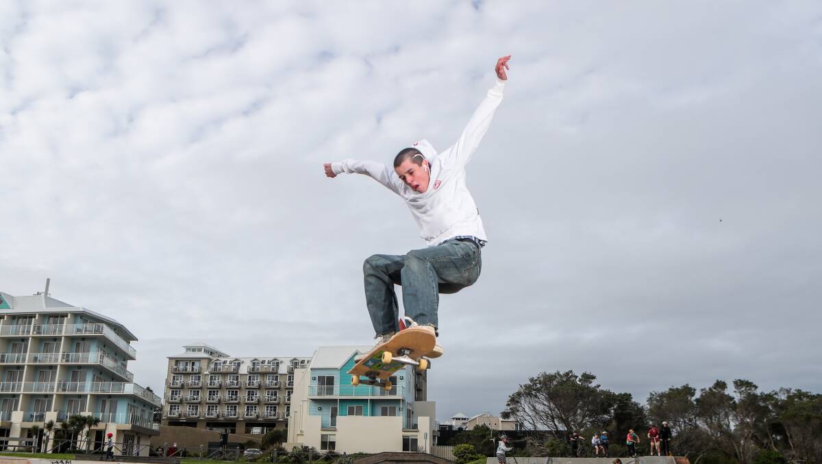 Airtime: Sam O'Donohue, 19, takes flight at Warrnambool Skate Park. Picture: Morgan Hancock