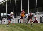 Nestles players Jacob Pope and Ryan Hetherington do hill runs in front of the stands at the Warrnambool Racing Club. Picture: Mark Witte