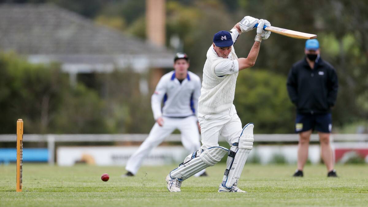 GUIDE IT AWAY: Mortlake's Shane Slater plays a square drive in the club's triumph over Cobden on Saturday. Picture: Anthony Brady