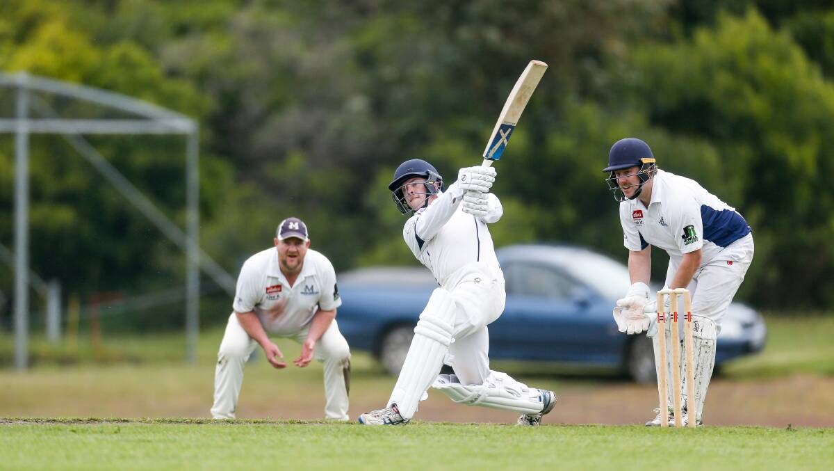Heytesbury Rebels Joel Moriarty plays a sweep shot. Picture: Anthony Brady