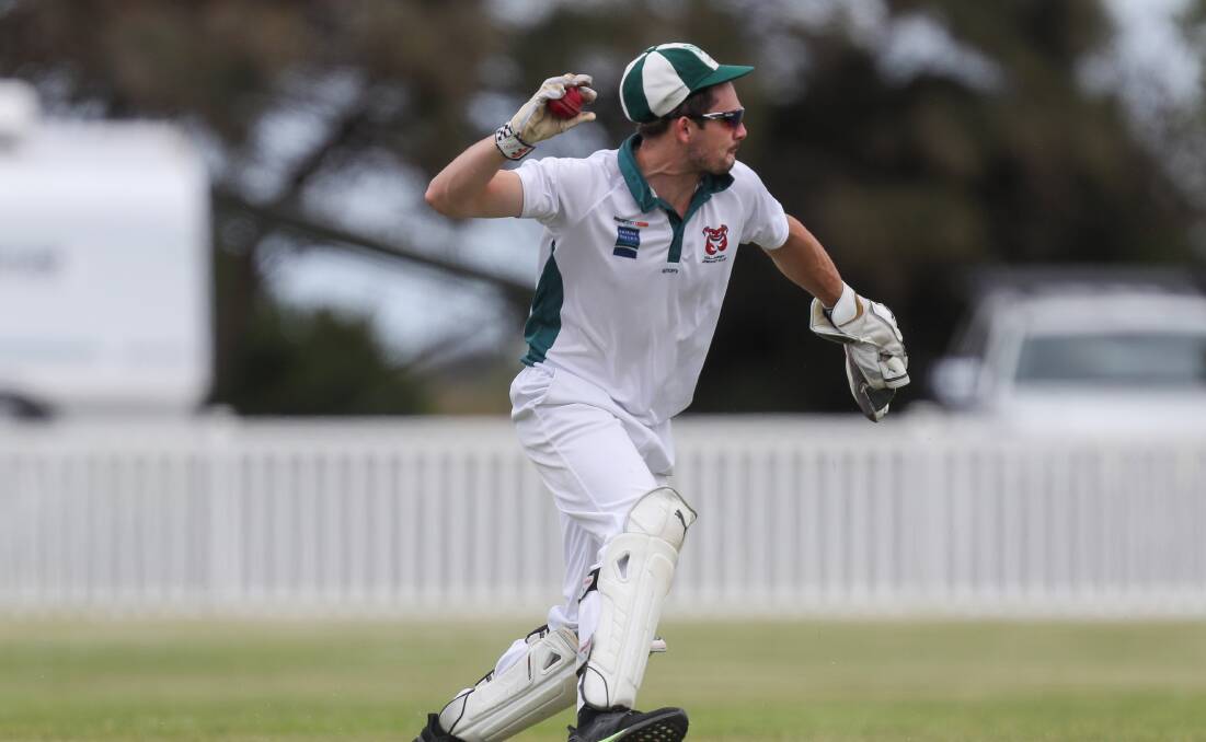 Applying pressure: Killarney's Todd Doran takes a throw at the pegs against Woolsthorpe/Mailors Flat. Picture: Morgan Hancock