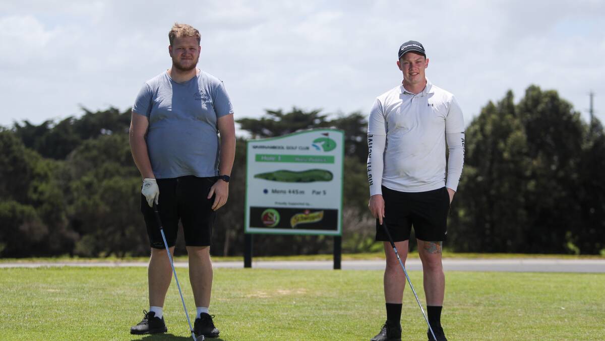 Best mates: Golfers Zac Leehane and Brad Rees are doing The Longest Day golf challenge. Friend Dylan Keane will also be joining them. Picture: Morgan Hancock