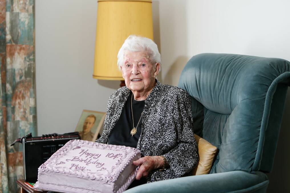 HAPPY: Warrnambool's Phyllis Hartley on her 104th birthday. Picture: Anthony Brady