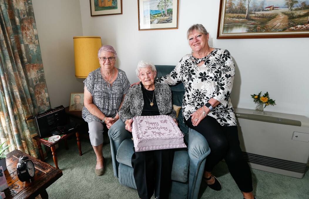 ANOTHER CELEBRATION: Warrnambool's Phyllis Hartley on her 104th birthday. With her are her carer Jeanette Brooks and daughter-in-law Pat Hartley. The pair assist Mrs Hartley to still live at home. Picture: Anthony Brady