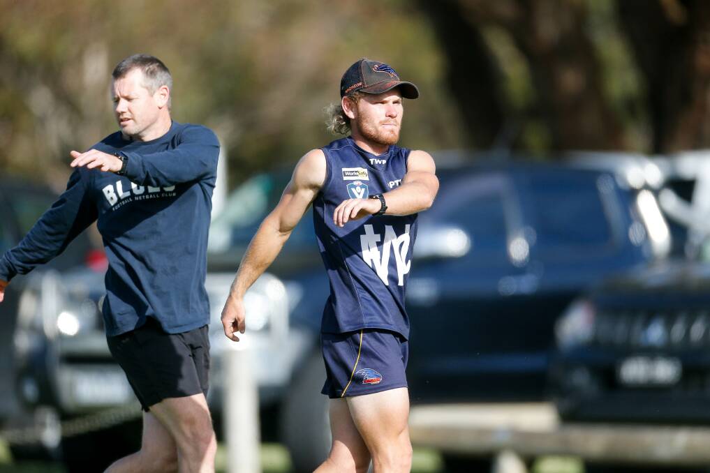 IN SYNC: Warrnambool assistant coach Ben Parkinson and 2019 Maskell Medallist Jye Turland at Blues' pre-season training on Wednesday. Picture: Anthony Brady