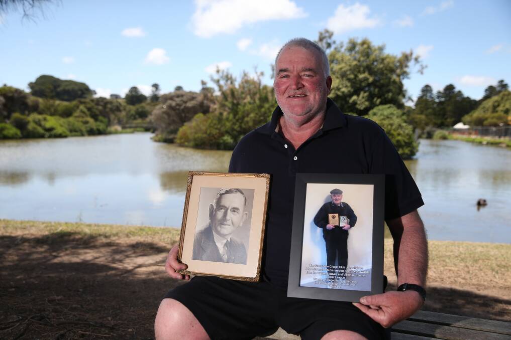 FAMILY TIES: Peter McDonald with pictures of his grandfather A.H McDonald and dad John 'Jakes' McDonald. All three are Grassmere Cricket Association life members. Picture: Mark Witte