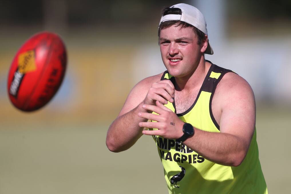 Footy's back: Camperdown's Luke O'Neil at pre-season training. The footy season is fast-approaching with limited crowd numbers allowed. Picture: Mark Witte