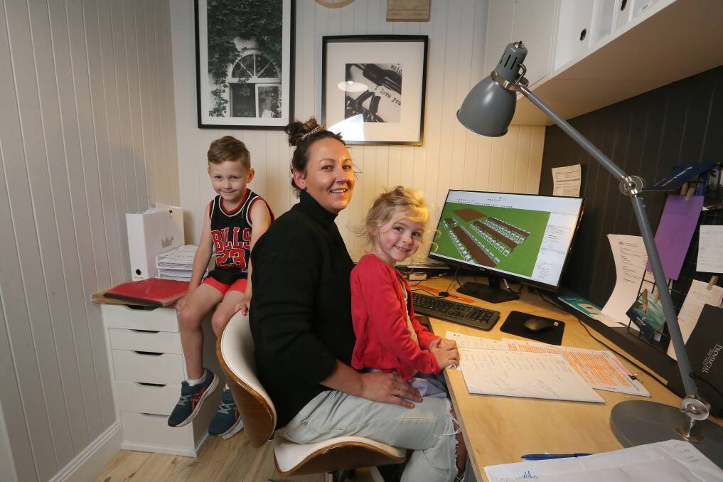Jess Griffey, with kids Patrick and Ruby both 5, is the co-owner of Grand Events Hire and Styling Warrnambool and has been impacted heavily by the pandemic. She's been working from home, and had 100 per cent of her business wiped by COVID-19. Picture: Mark Witte
