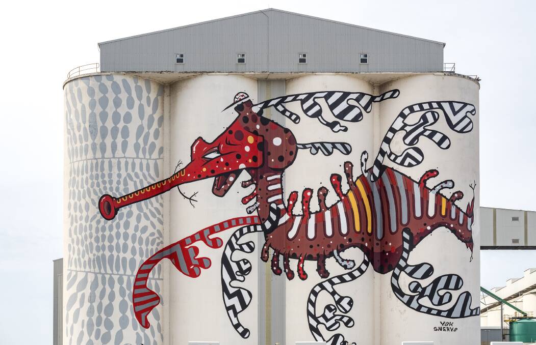 CHEERFUL: Albany's ruby sea dragon. Unlike illustrated silos in other states, those on the trail are still working. Photo: Bewley Shaylor
