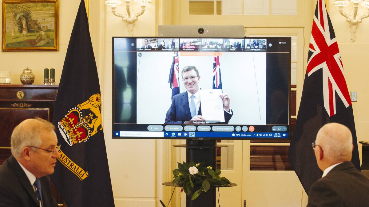 Andrew Gee was sworn in as Veterans' Affairs and Defence Personnel minister via video conference in July this year. Picture: Dion Georgopoulos