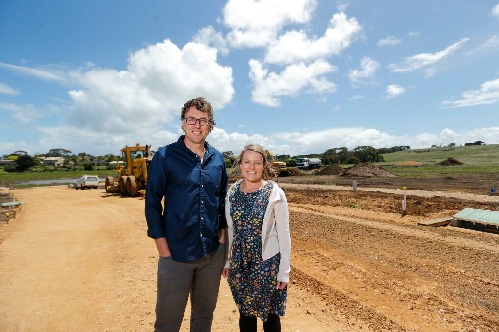 In demand: Sam and Natalie Stevens at Land In Warrnambool's Wollaston Way Estate where there has been strong interest in block sales. Picture: Anthony Brady