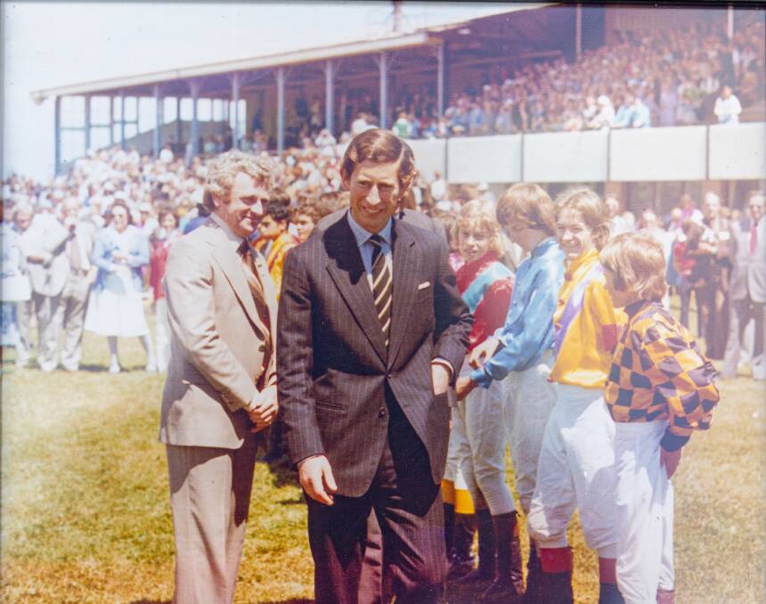 Then Prince Charles meets the jockeys at Warrnambool racecourse before the running of the Silver Jubilee Cup. This picture is among the club's collection.