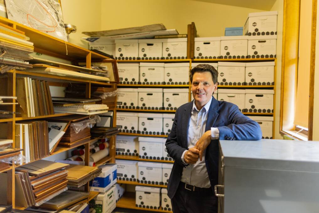 Warrnambool Racing Club chairman Mark McNamara among the club's recently catalogued archives. Picture by Anthony Brady