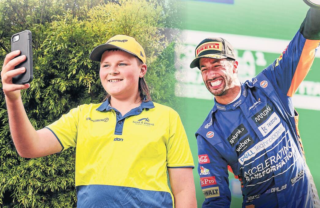 HAPPY: Koroit's Zavier Longmore got to have a chat with Formula 1 driver Daniel Ricciardo. Picture: Morgan Hancock, Getty Images