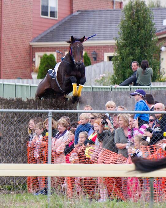 The moment: Banna Strand leaps into the crowd at Tozer Road during the 2011 Grand Annual Steeplechase. Two years later, the Kiwi returned to win the famous race. Picture: Sharon Chapman/Fast Track Photography