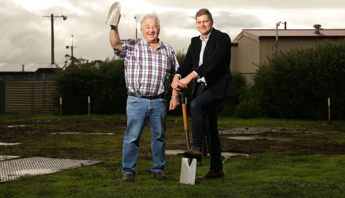 Moyne Shire councillors Jim Doukas and Daniel Meade at a ceremonial sod-turning event last year for the Koroit worker housing project.