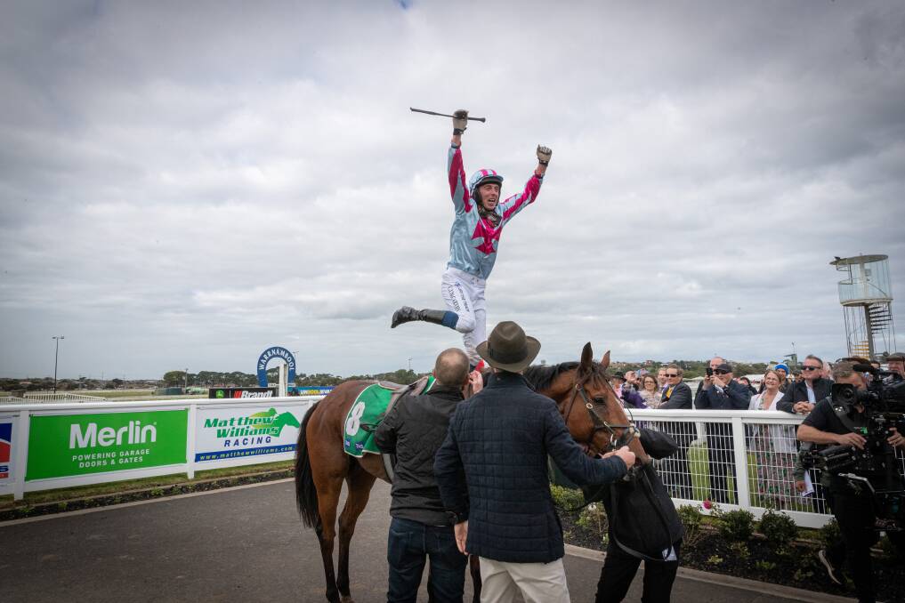 Chris McCarthy leapt from Rockstar Ronnie after winning the 2023 Grand Annual Steeplechase. Picture by Sean McKenna