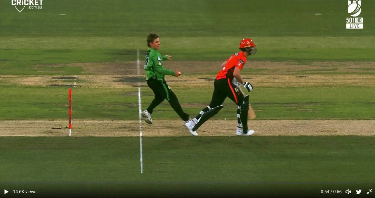 Tom Rogers, in red, was out of his crease when Adam Zampa attempted to Mankad him. Picture Fox Sports