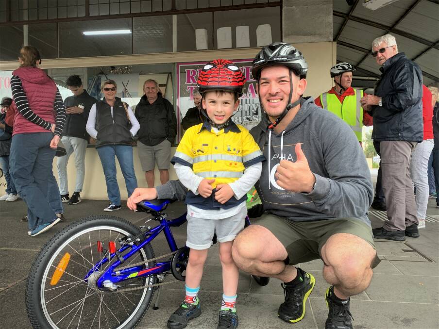 FUN: Warrnambool's Damien and Josh Tan after the Melbourne to Warrnambool Cycling Classic community ride. Picture: Jessica Howard