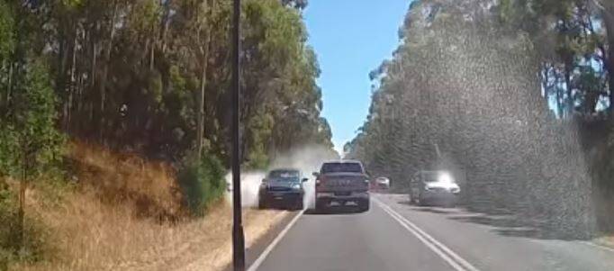 ROAD INCIDENT: Dash Cam Owners Australia have shared footage of an alleged hit-and-run at Laang on Friday. A traffic controller suffered minor injuries. Picture: Dash Cam Owners Australia 