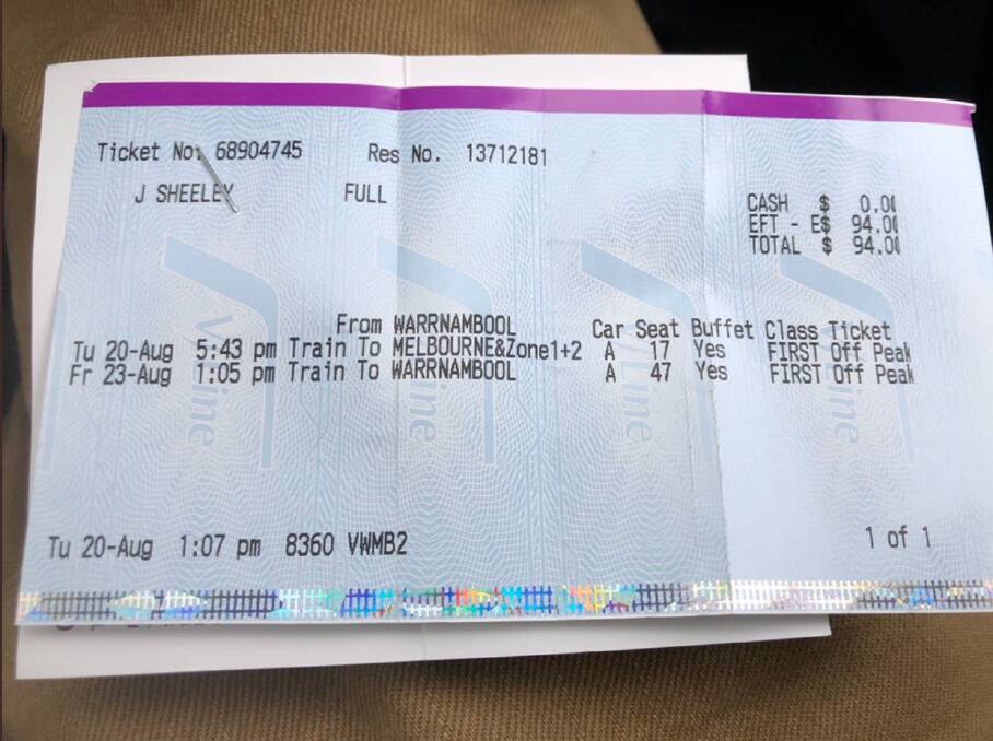 A photo of John Sheely's $94 return ticket to Melbourne. Picture: Supplied