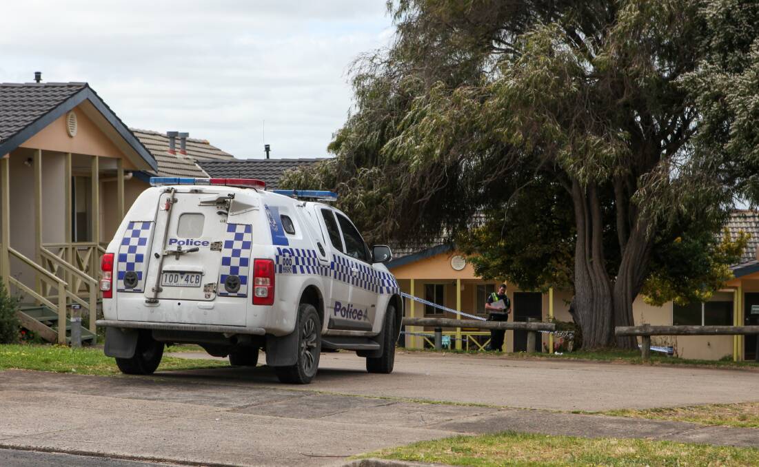 Police at the Ocean Grove unit in Warrnambool where a woman was severely beaten by her partner over a prolonged period.