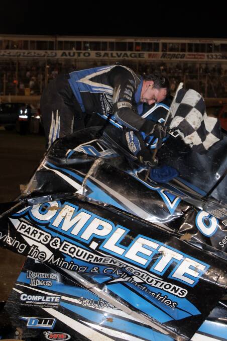 Californian driver Tim Kaeding flipped and wrecked his car doing donuts after winning the 2014 Grand Annual Sprintcar Classic. Picture file