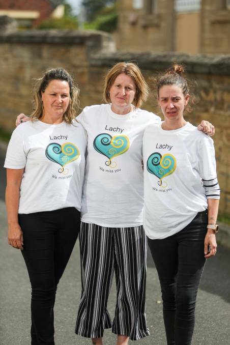 JUSTICE SOUGHT: Donna Sherwell (aunt), Tania Hutchins (mother) and Kelly Gull (cousin) in shirts they had created to honour Lachy. Picture: Morgan Hancock