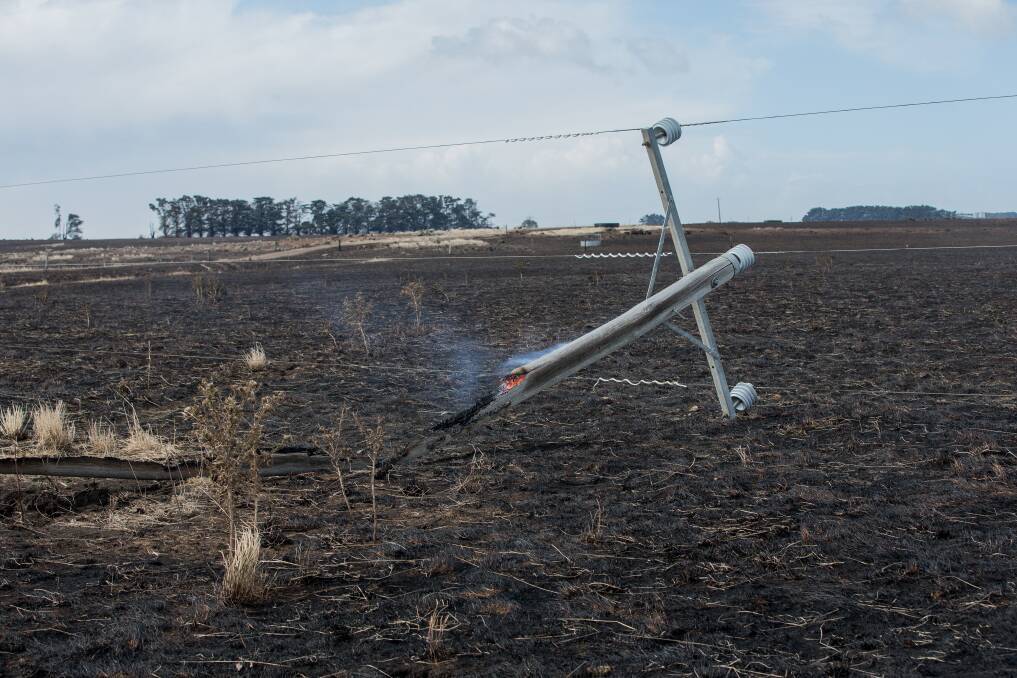 BURNT: The snapped power pole that sparked a bushfire at The Sisters, near Terang, in March 2018. Powercor has fronted Warrnambool Magistrates Court over the blaze.