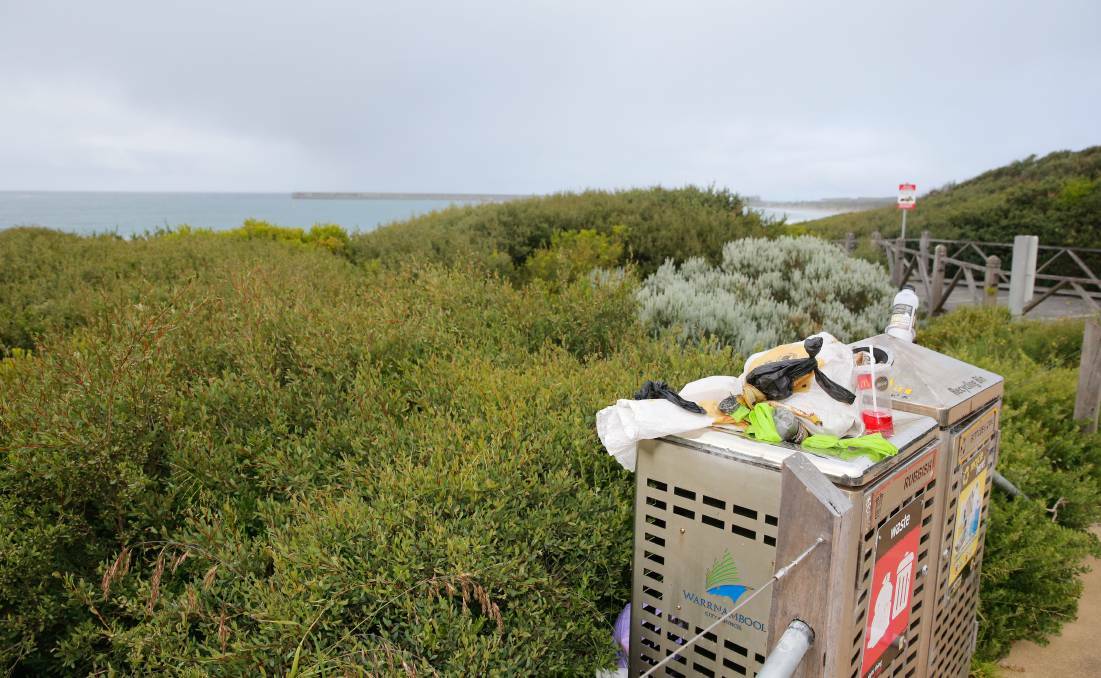 Litter was overflowing at bins at Warrnambool's foreshore this week.